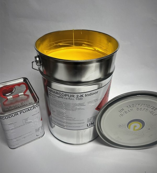 Hallenmarkierungsfarbe Spritzplastik Swarcopur 2K indoor gelb 12kg Set Grundpreis 19,17€/L